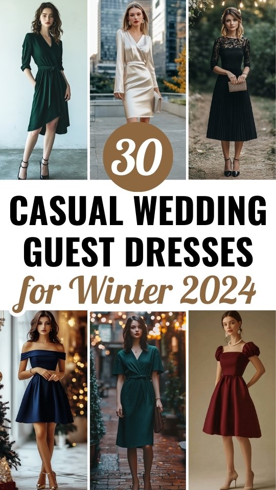 different women wear casual wedding guest dresses for winter