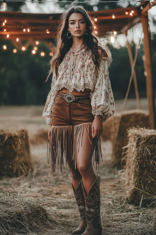 woman in an embroidered peasant blouse, a suede mini skirt, and fringe western boots