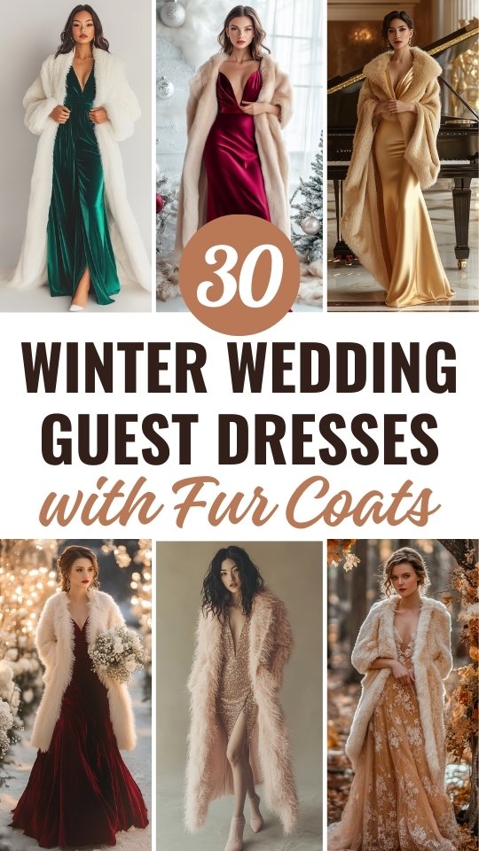 women wear wedding guest dresses with fur coats for winter