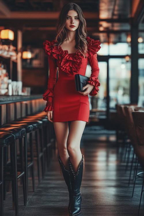 A Valentine’s date night look with a red ruffle dress, black leather cowboy boots, and a matching clutch (2)