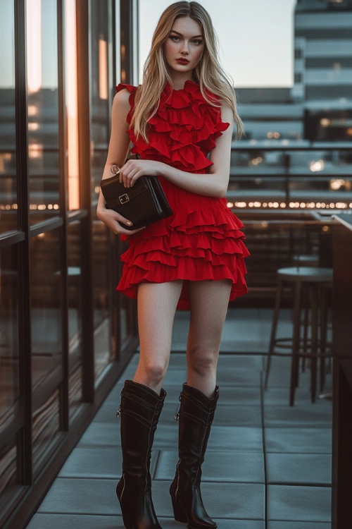 A Valentine’s date night look with a red ruffle dress, black leather cowboy boots, and a matching clutch