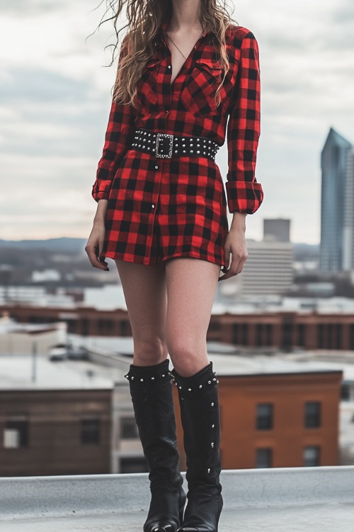 A Valentine's outfit with a red and black plaid shirt dress, black cowboy boots, and a studded belt