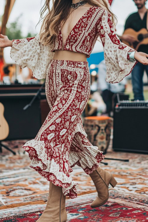 A bohemian-inspired woman wearing a red and white patterned jumpsuit with flared sleeves and tan ankle boots