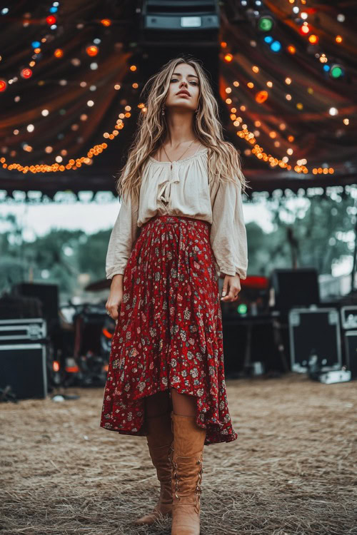 A boho-chic look with a woman in a red printed midi skirt, a cream-colored peasant blouse, and tan boots (2)