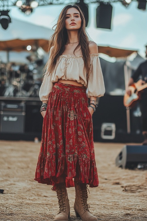 A boho-chic look with a woman in a red printed midi skirt, a cream-colored peasant blouse, and tan boots (3)