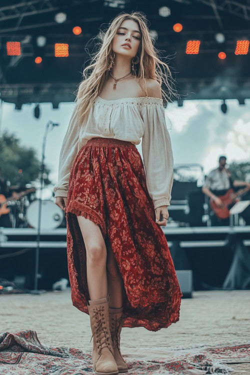 A boho-chic look with a woman in a red printed midi skirt, a cream-colored peasant blouse, and tan boots