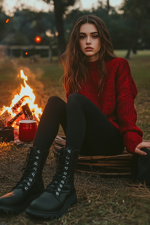 A casual-chic outfit featuring a woman in black leggings, a red oversized sweater, and black combat boots (2)