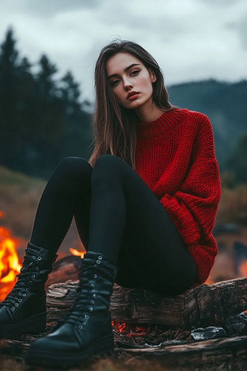 A casual-chic outfit featuring a woman in black leggings, a red oversized sweater, and black combat boots