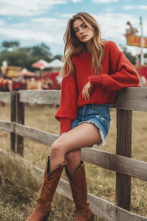 A casual-chic outfit with a woman in a red sweater, distressed denim shorts, and brown cowboy boots (2)