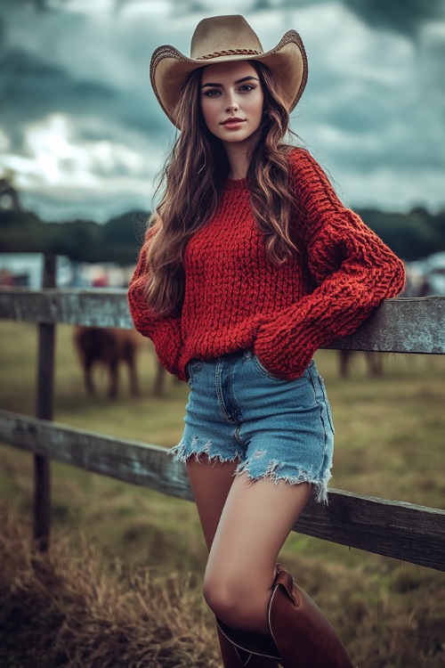 A casual-chic outfit with a woman in a red sweater, distressed denim shorts, and brown cowboy boots