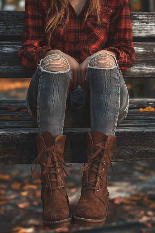 A casual country outfit with a woman in a red plaid flannel shirt, ripped denim jeans, and brown ankle boots