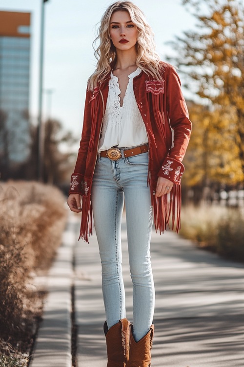 A casual outfit featuring a white blouse tucked into light wash skinny jeans, brown cowboy boots