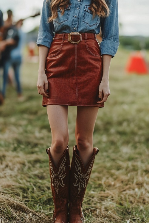 A chic country-inspired look with a woman in a red faux leather skirt, a denim blouse, and brown cowboy boots (2)