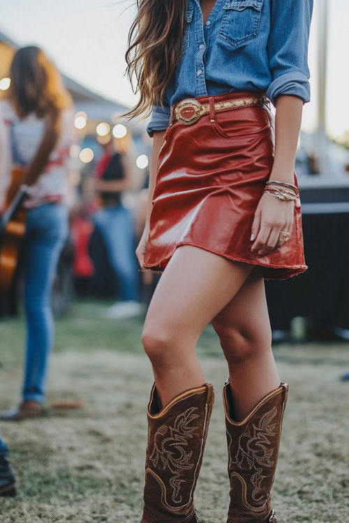 A chic country-inspired look with a woman in a red faux leather skirt, a denim blouse, and brown cowboy boots