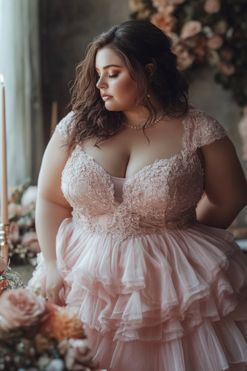 A chic plus-size woman in a blush pink sleeveless bubble dress with a scalloped neckline, tiered hemline, and floral lace accents