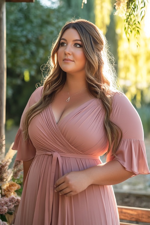 A chic plus-size woman in a blush pink wrap maxi dress with flutter sleeves, a ruched bodice, and a flowing hemline