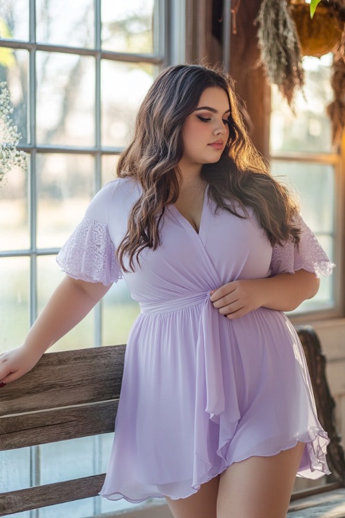 A chic plus-size woman in a pastel lavender short wrap dress with flutter sleeves, a tulip hemline, and lace detailing (2)