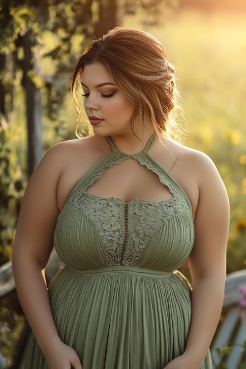 A chic plus-size woman in a sage green sleeveless midi dress with a halter neckline, a gathered bodice, and lace detailing (2)