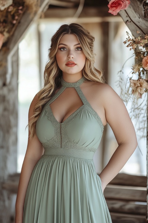 A chic plus-size woman in a sage green sleeveless midi dress with a halter neckline, a gathered bodice, and lace detailing