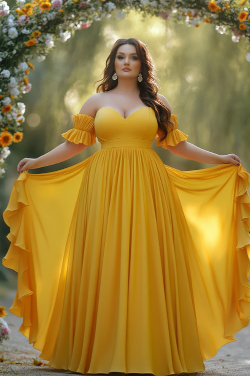 A chic plus-size woman in a sunflower yellow A-line dress with a square neckline, flutter sleeves, and subtle pleats (2)