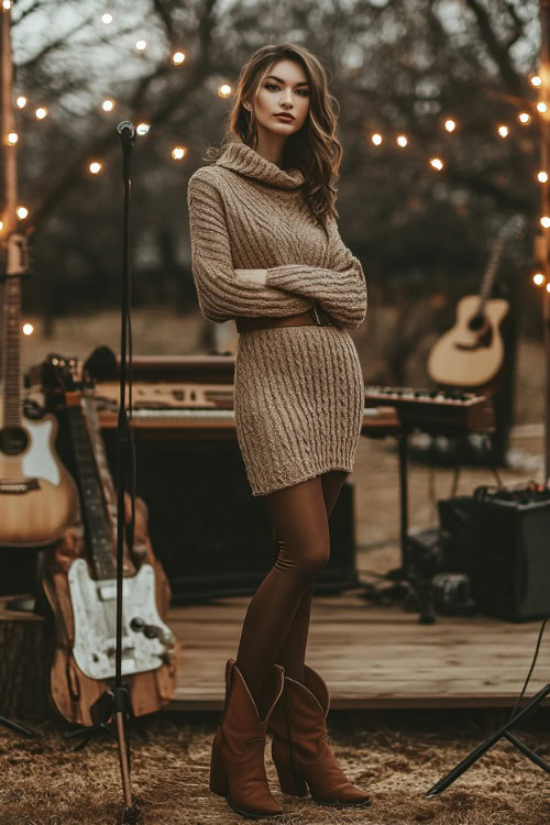 A chic woman in a belted knit sweater dress, paired with tights and suede cowboy boots