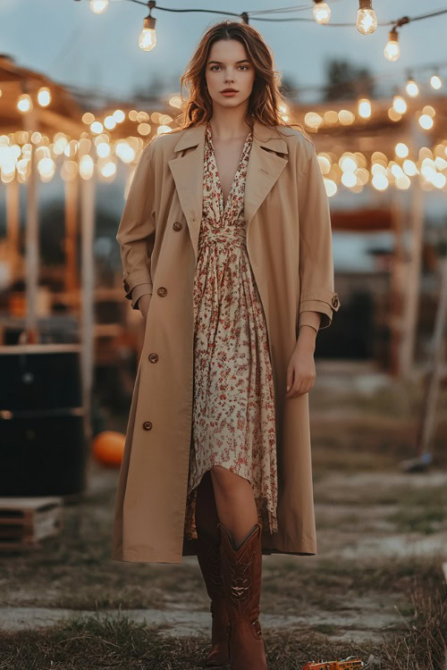 A chic woman in a camel trench coat over a printed midi dress, paired with brown cowboy boots, standing near a softly lit outdoor concert setup 