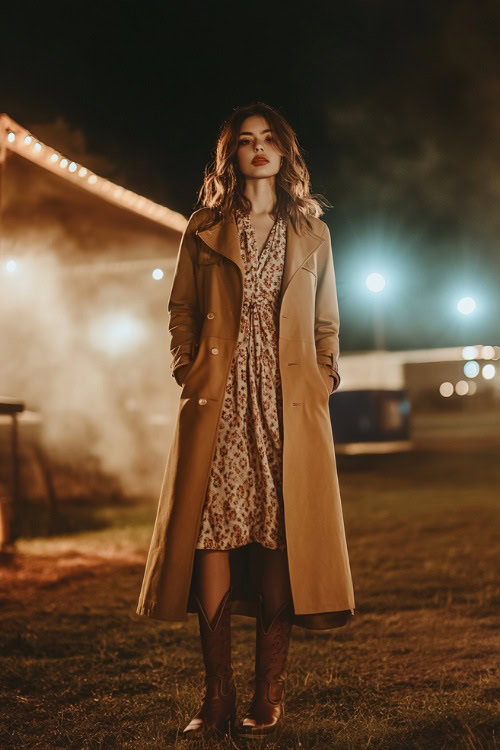 A chic woman in a camel trench coat over a printed midi dress, paired with brown cowboy boots