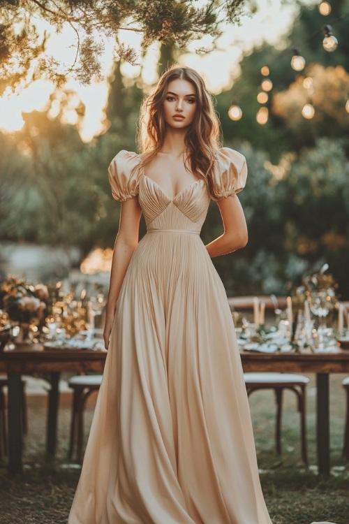 A chic woman in a champagne-colored empire-waist maxi dress with short puff sleeves, a pleated bodice, and a flowing hemline