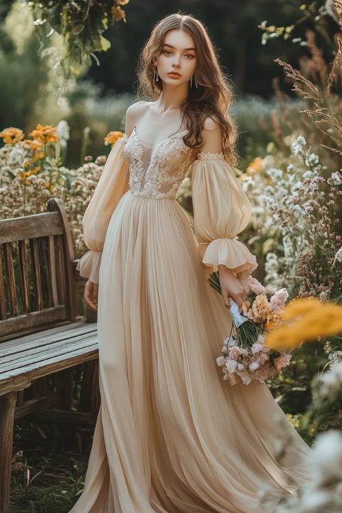 A chic woman in a champagne-colored maxi dress with balloon sleeves, floral appliqués, and a flowing chiffon overlay (2)