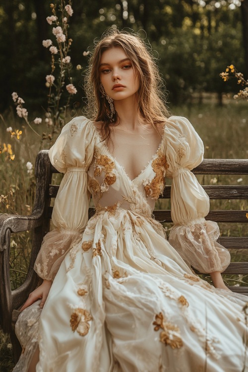 A chic woman in a champagne-colored maxi dress with balloon sleeves, floral appliqués, and a flowing chiffon overlay