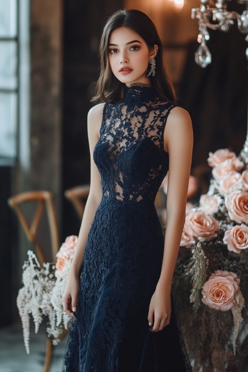 A chic woman in a deep navy maxi dress with lace embroidery, a high neckline, and a cinched waist