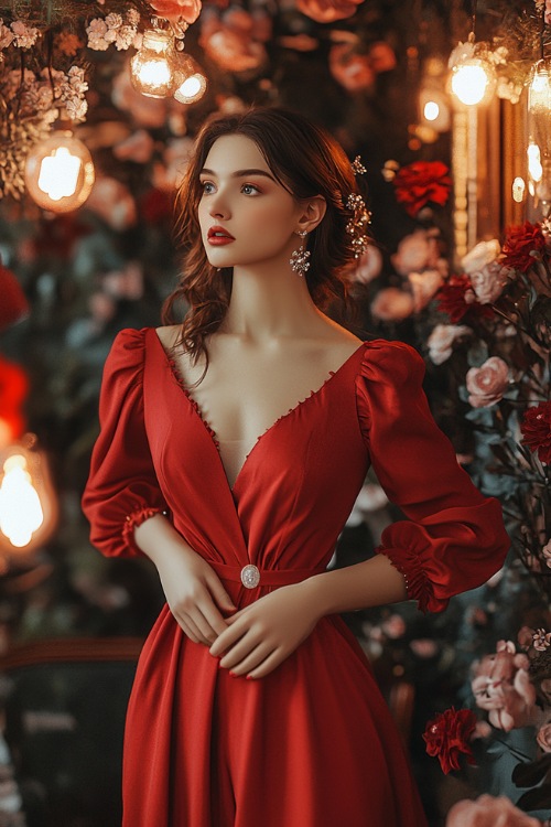 A chic woman in a deep red midi wrap dress with a sweetheart neckline, short puff sleeves, and a scalloped hemline