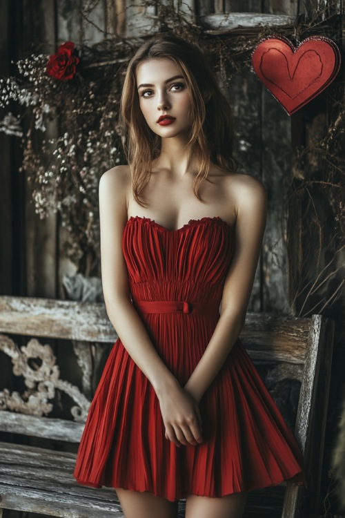 A chic woman in a deep red sleeveless short dress with a pleated bodice, a scalloped neckline (2)