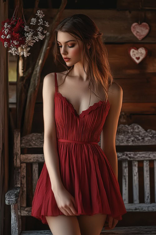 A chic woman in a deep red sleeveless short dress with a pleated bodice, a scalloped neckline, and a gathered waist