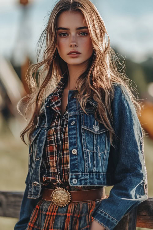 A chic woman in a distressed denim jacket layered over a plaid shirt, paired with a midi-length flowy skirt and brown cowboy boots