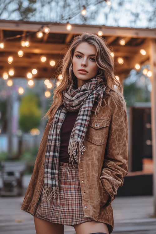 A chic woman in a distressed suede jacket over a plaid scarf, paired with a midi skirt and heeled cowboy boots