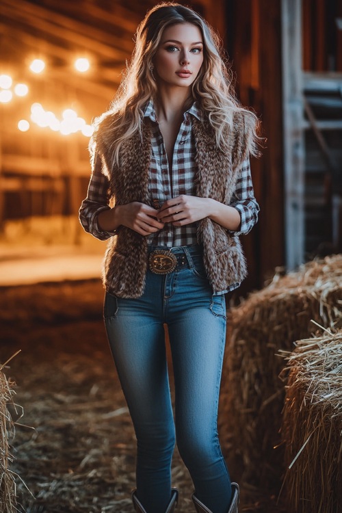 A chic woman in a faux fur vest over a plaid button-up shirt, paired with skinny jeans and distressed cowboy boots