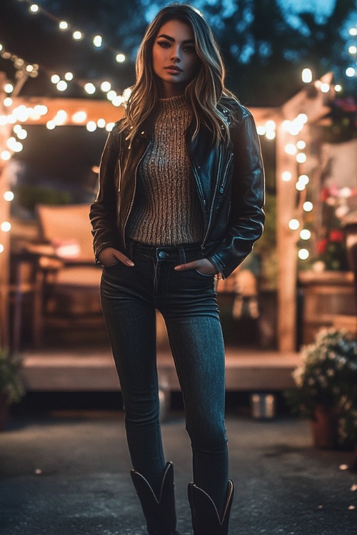 A chic woman in a leather jacket over a cozy knit sweater, paired with distressed jeans and black cowboy boots