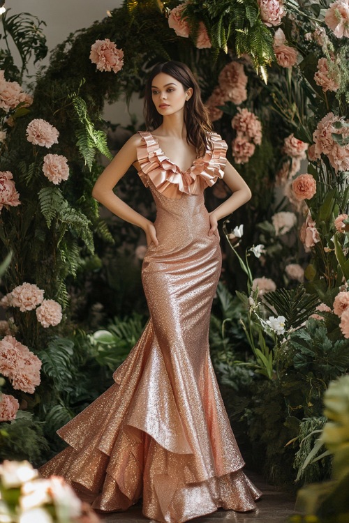 A chic woman in a metallic rose gold midi-length dress with an asymmetrical neckline, a fitted silhouette, and subtle ruffles