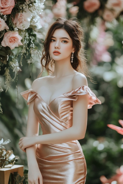 A chic woman in a metallic rose gold midi-length dress with an asymmetrical neckline, a fitted silhouette, and subtle ruffles