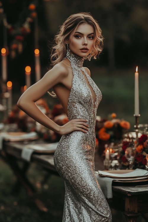 A chic woman in a metallic silver mermaid gown with a high neckline, subtle floral lace accents, and a dramatic slit