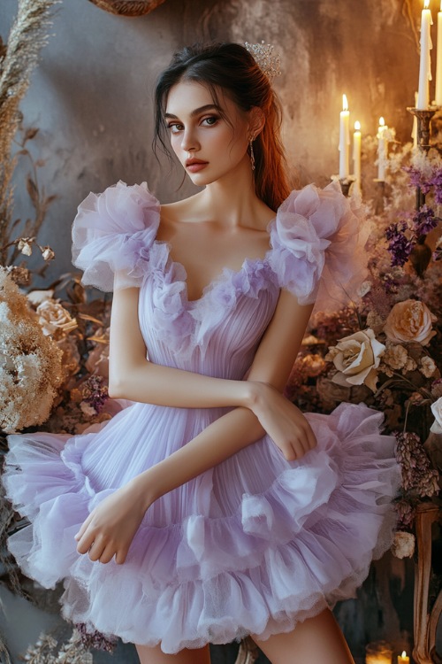 A chic woman in a pastel lavender knee-length bubble dress with a scalloped neckline, short puff sleeves, and layered ruffles (2)