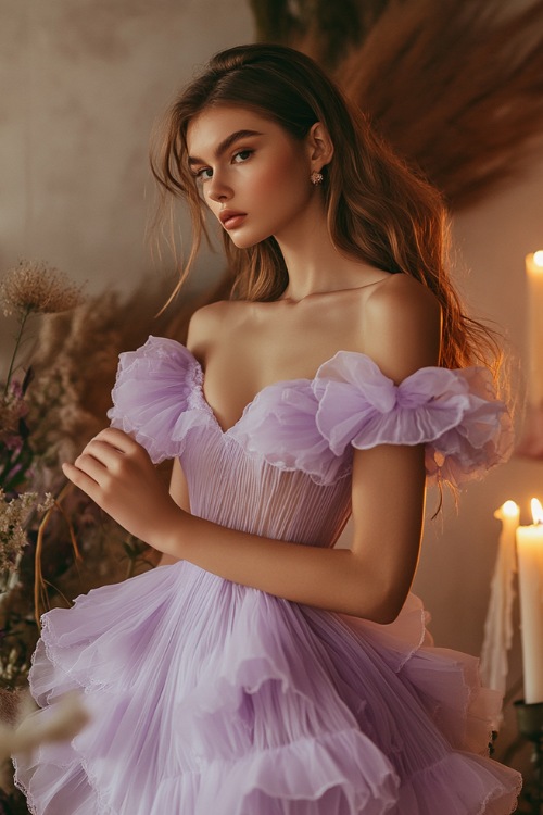 A chic woman in a pastel lavender knee-length bubble dress with a scalloped neckline, short puff sleeves, and layered ruffles