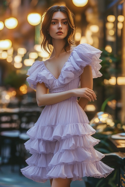 A chic woman in a pastel lavender midi dress with a sweetheart neckline, short puff sleeves, and a tiered ruffled skirt