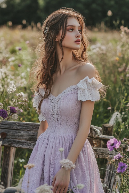 A chic woman in a pastel lavender tea-length midi dress with a scalloped neckline, lace embroidery, and short puff sleeves