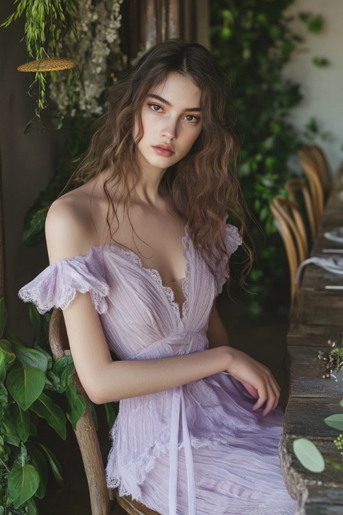 A chic woman in a pastel lavender wrap cocktail dress with ruffled sleeves, a tulip hemline, and floral lace accents