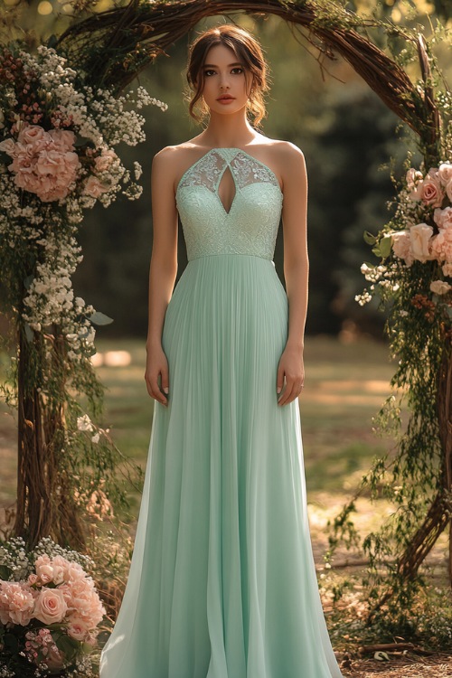 A chic woman in a pastel mint green sleeveless A-line gown with a keyhole neckline, a pleated skirt, and subtle lace accents (2)