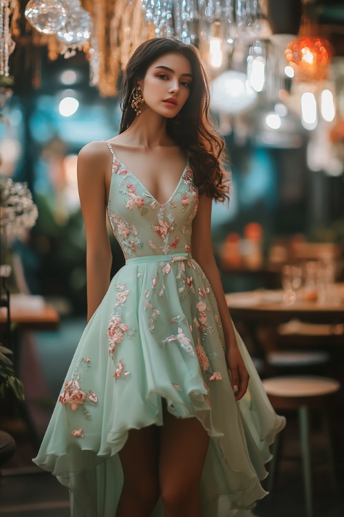 A chic woman in a pastel mint green sleeveless A-line midi dress with floral embroidery, adjustable straps, and a high-low hem