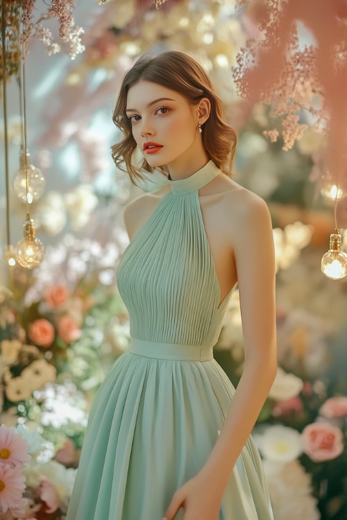 A chic woman in a pastel mint green sleeveless midi dress with a halter neckline, a scalloped hemline, and subtle pleats (2)