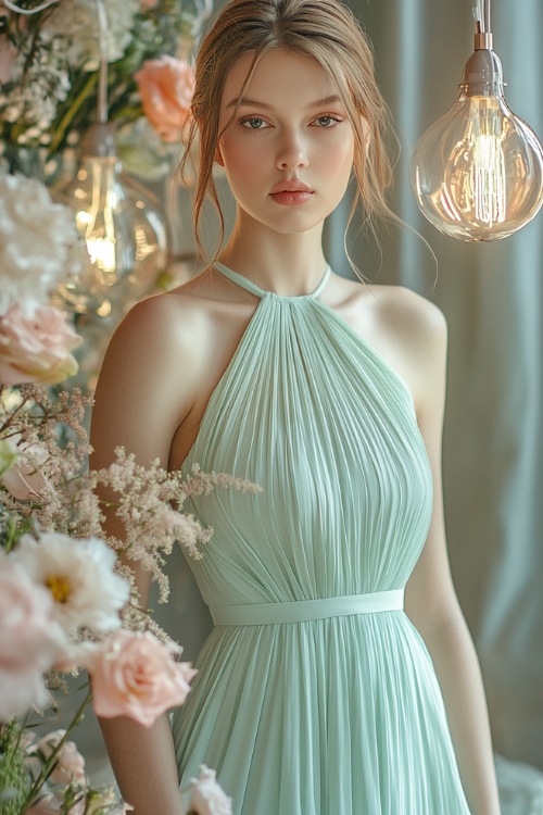 A chic woman in a pastel mint green sleeveless midi dress with a pleated hemline, side cutouts, and a fitted bodice